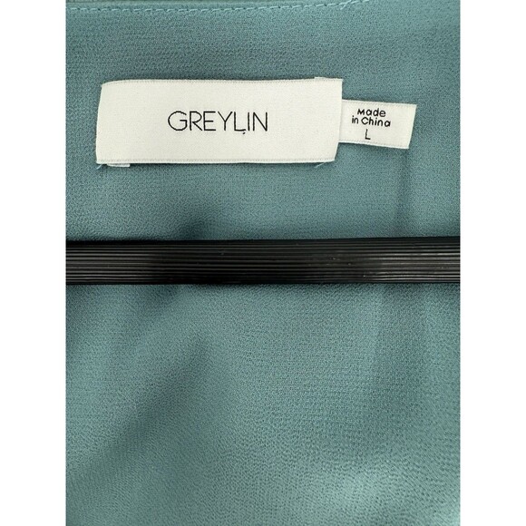 Greylin Joanne Ruched Detail Satin Dress in Misty Blue Size Large - Picture 11 of 11